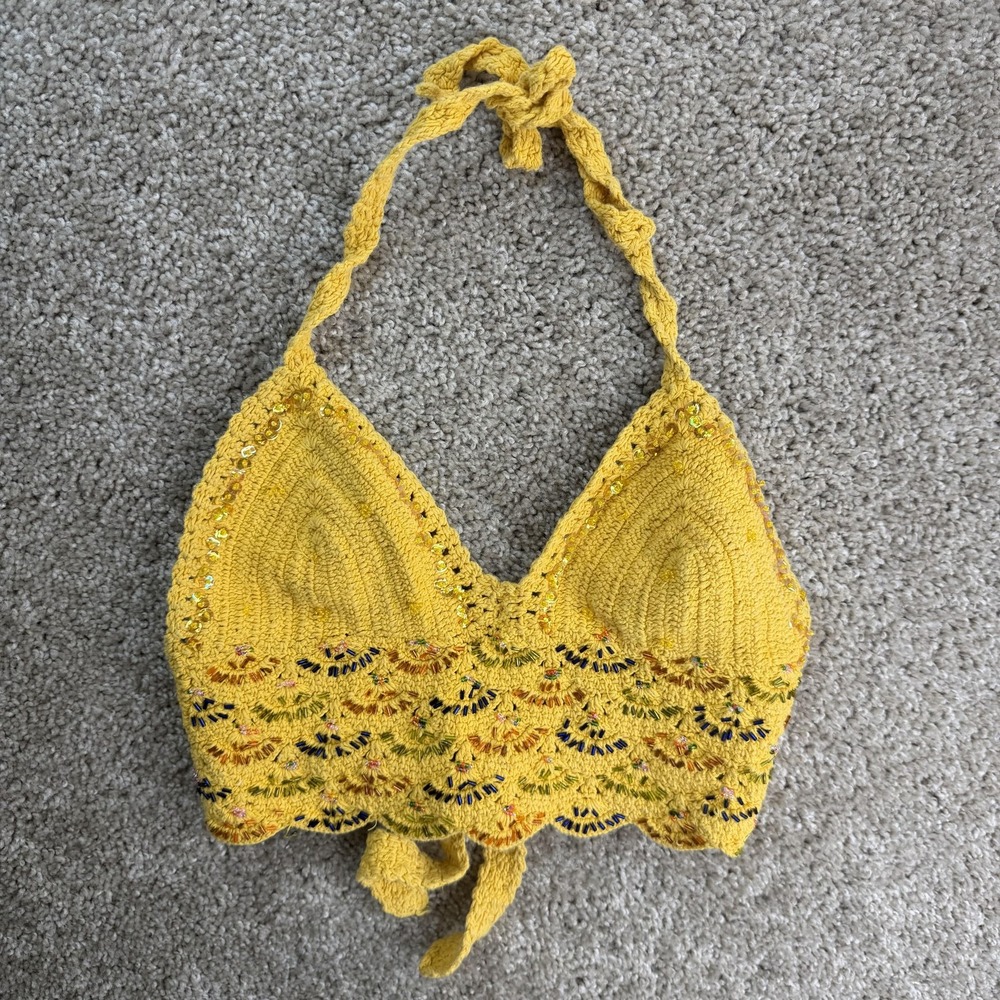 Crochet Tank Top Womens S Yellow Halter Sequin Cropped Festival Boho Tie